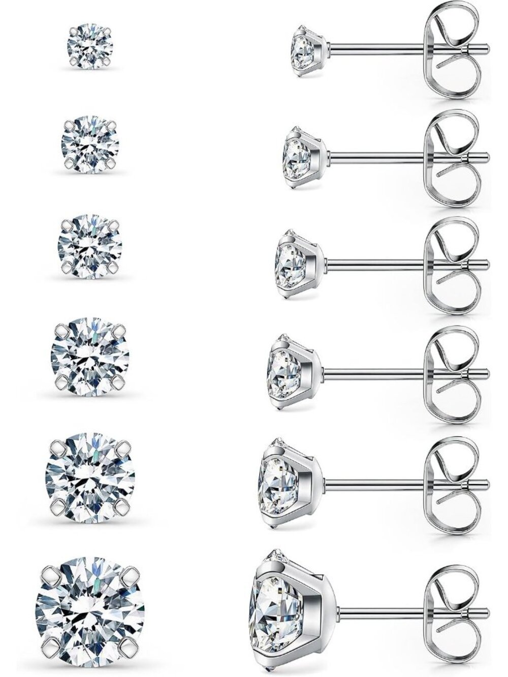 Women's 6 Pairs Silver 3-8mm Hypoallergenic Stainless Steel Stud Earrings Set